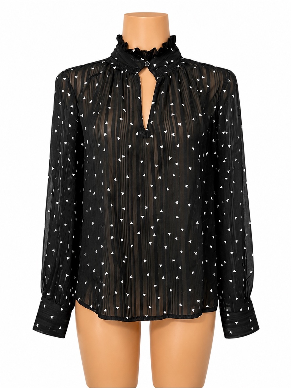 Oodji Ultra Black Sheer Heart Blouse Size S Ruffle High Neck Chiffon Top NWT